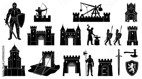 Medieval Castle and Knight Icons, Black  White Glyph Art