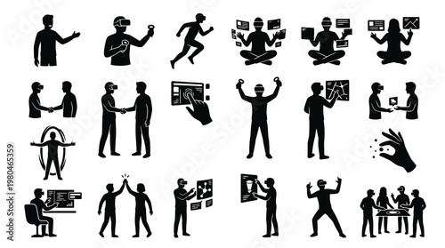 Virtual Reality Technology  Metaverse Interaction Black White Glyph Icons Set