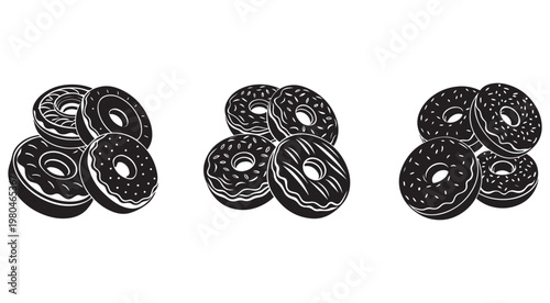 Black and white illustration of three groups of donuts with different toppings and fillings on white background