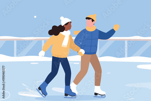 Illustration Of A Happy Couple Ice Skating At An Ice Rink Vector Design Template