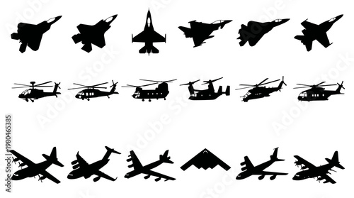 Black Silhouette Military Aircraft and Helicopters Vector Set