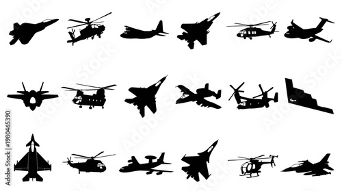 Military Aircraft Silhouettes Vector Icons - Aviation Fighter Jets Helicopters