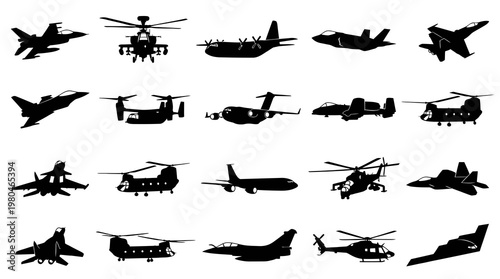 Black and White Silhouettes of Military Aircraft, Helicopters, and Jets