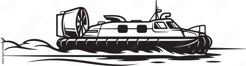 Obraz premium Hovercraft, air cushion vehicle, vector illustration, black and white