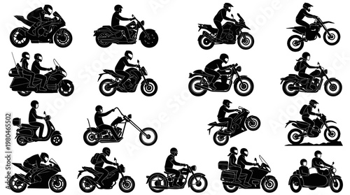 Black  White Motorcycle Riders Silhouettes Vector Set: Transportation and Hobby Icons