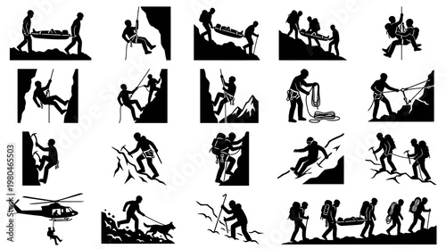 Outdoor Sports Mountain Rescue Glyphs: Climbers, Hikers  Emergency Silhouettes Icon Set