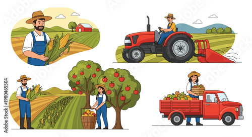 Set of four agricultural illustrations featuring farmers harvesting corn and apples, driving a tractor, and transporting fruit in a truck.