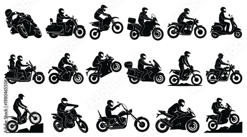 Black and White Silhouettes of Various Motorcycles and Riders