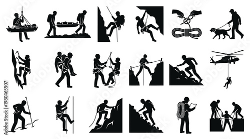 Mountaineering, Climbing  Rescue Services Black  White Silhouette Icons - Outdoor Adventure