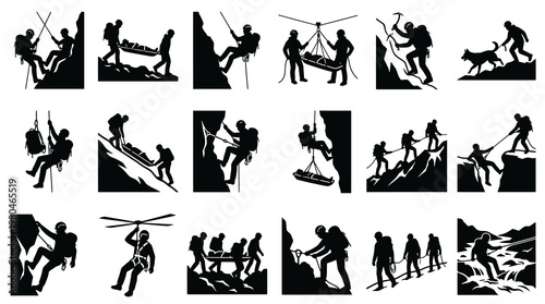 Outdoor Adventure  Emergency Mountain Rescue Silhouettes Vector Icons