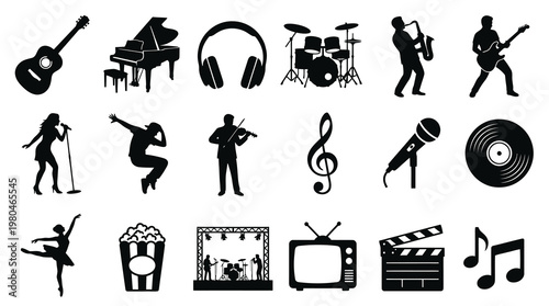Music, Dance, Entertainment, and Arts Icons Silhouette Vector Set