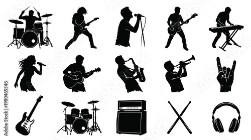 Music Band  Instruments Silhouettes Set - Rock and Roll Entertainment Collection