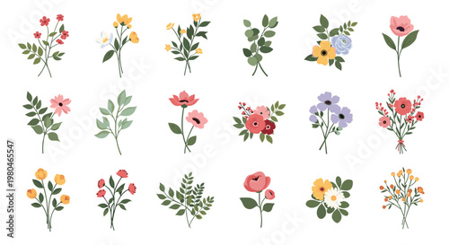 Large collection of twenty different small flower bouquets and botanical stems featuring various colors and shapes for versatile design.