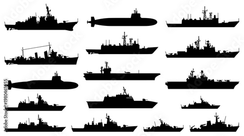 Diverse Military Naval Warships and Submarines Silhouette Vector Icons Set