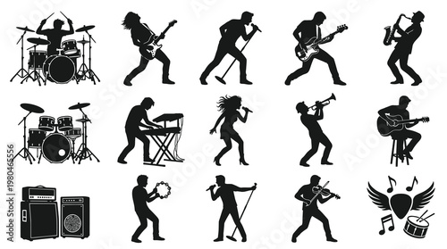 Black and White Silhouette Set of Musicians Playing Instruments and Singing