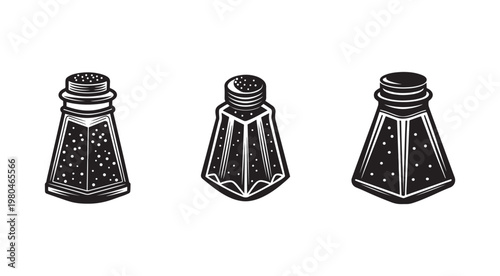 Black and white illustration of three salt shakers with different designs and shapes  kitchen condiment containers