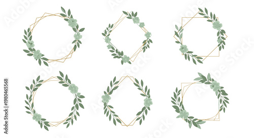 Set of six elegant geometric frames in circle, diamond, and hexagon shapes decorated with green leaves and soft mint flowers.