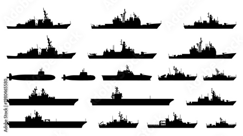 Military Naval Warships Submarines Silhouettes Set - Vector Icons Collection