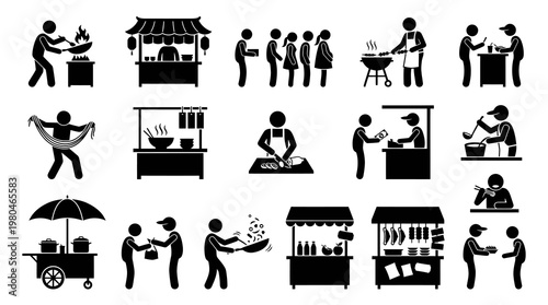 Street Food Vendor Icons: Cooking, Selling, and Eating