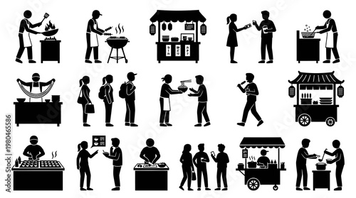 Street Food Vendors Cooking and Eating Glyph Icons Set. Culinary and Market Silhouettes.