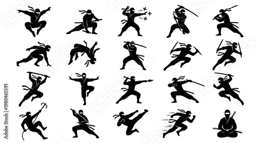 Black  White Ninja Silhouette Icon Set - Martial Arts Action Poses