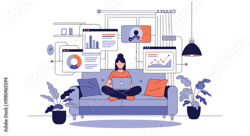 Young woman sitting cross legged on a sofa and working on her laptop with multiple data charts and a video call window floating around.