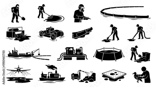 Oil Spill Cleanup Equipment and Methods Icons - Black and White Glyph Art