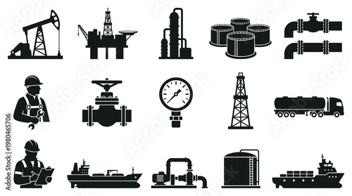 Oil and Gas Industry Icons: Silhouettes of Equipment, Workers, and Transport