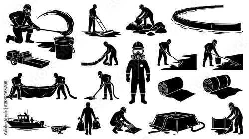 Black and White Glyph Silhouettes of Oil Spill Environmental Cleanup Operations