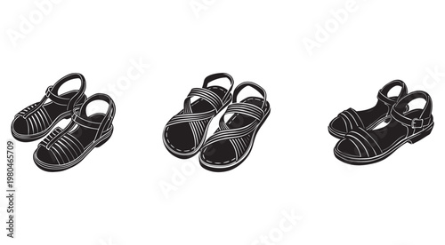 Black and white illustration of various types of sandals for men and women  sandals with straps and buckles