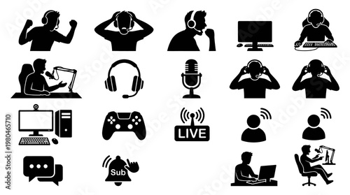 Gaming and Streaming Black Silhouette Icons Set for Esports and Online Communication