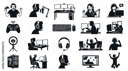 Black  White Gaming and Streaming Glyph Icons Set. Gamer, Streamer, Esports, Live Video Elements.