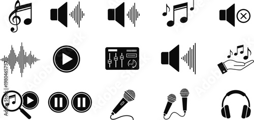 Music audio sound icon set featuring speakers waveform microphones headphones player controls and musical notes symbols