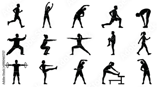 Fitness Exercise Silhouette Icons: Stretching, Warm-up, Workout People Poses Set