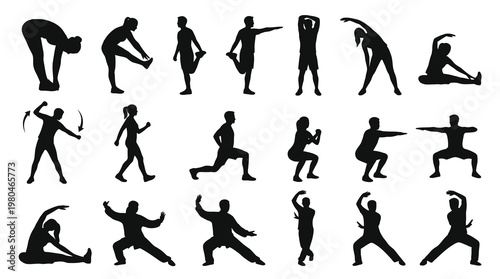 Fitness and Health: People Stretching and Exercise Poses Silhouettes Vector Set