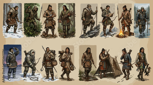 Historical tribal warriors and hunters in traditional clothing with weapons and tools. Detailed character set inspired by ancient cultures and survival lifestyle.