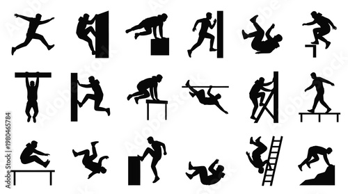 Urban Fitness Parkour People Movement Silhouette Icons Vector Set