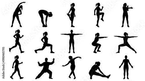 Fitness and Sport People Silhouettes Vector Glyphs - Exercise, Stretching  Wellness Poses
