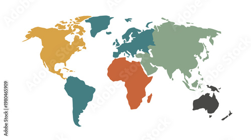 Modern Stylized World Map Illustration Featuring Distinct Continents in Vibrant Solid Colors and a Clean, Minimalist Design for Global Representation