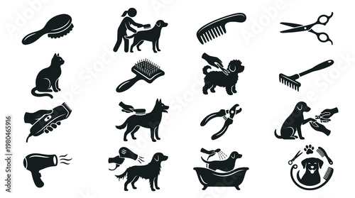 Pet Grooming Icons: Dog Cat Care Tools, Hair Dryer, Clippers, Comb, Brush, Scissors, Rake, Bath, Black and White Glyph