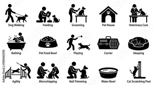 Pet Care Icons: Dog Walking, Grooming, Veterinary, Feeding, Bathing, Sleeping