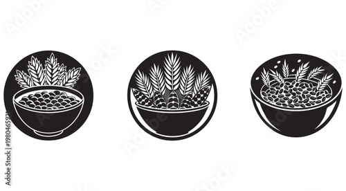 Black and white illustrations of bowls with plants and berries  decorative icons for food or herbal themes