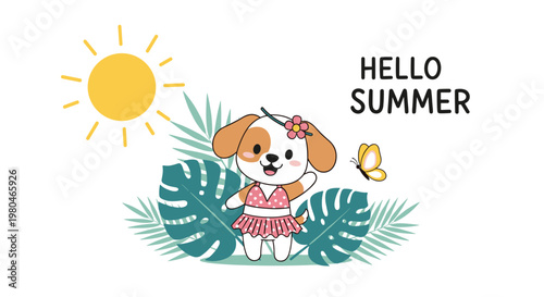 Cute puppy wearing a pink polka dot swimsuit and a flower headband celebrating summer with sun, palm leaves, and a butterfly.