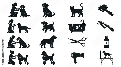 Pet Grooming Icons Set: Dogs, Cat, Bath, Tools, Dryer, Brush, Comb, Scissor, Bottle, Table