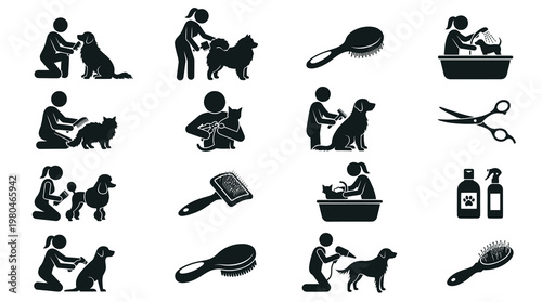 Black  White Pet Grooming Icons - Brushing, Bathing, Cutting Hair