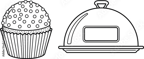 Cupcake and Food Serving Tray Icon Set with Outline Style for Bakery Design, Dessert Illustration, Catering Service, and Restaurant Graphics