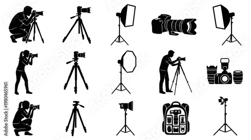 Black  White Icons of Photography Equipment and Professionals