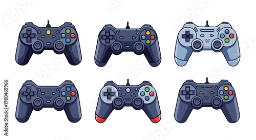 Collection of game controllers in different styles and colors, representing modern video gaming and entertainment equipment.