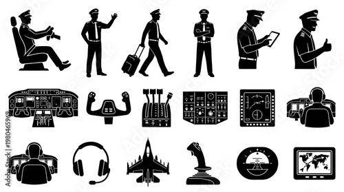 Airplane Pilot Icons: Cockpit, Controls, Jet, Navigation, Crew, Black and White