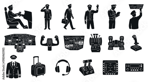 Aviation Pilot Glyph Icons Set. Aircraft Cockpit Controls and Professional Pilot Gear Silhouettes